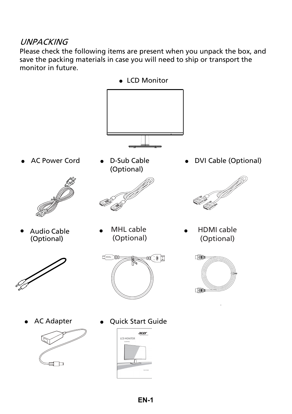 Unpacking, Mhl cable (optional) hdmi cable (optional), En-1 | Lcd monitor, Ac power cord, D-sub cable (optional), Dvi cable (optional), Ac adapter, Quick start guide audio cable (optional) | Acer Q276HL User Manual | Page 10 / 30