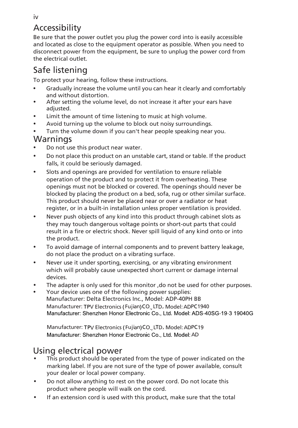 Accessibility, Safe listening, Warnings | Using electrical power | Acer Q276HL User Manual | Page 4 / 30