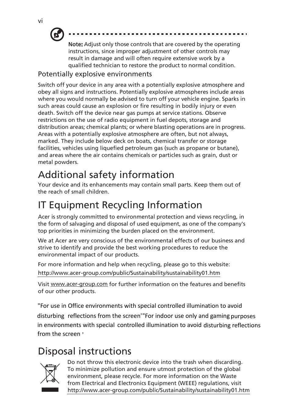 Additional safety information, It equipment recycling information, Disposal instructions | Acer Q276HL User Manual | Page 6 / 30