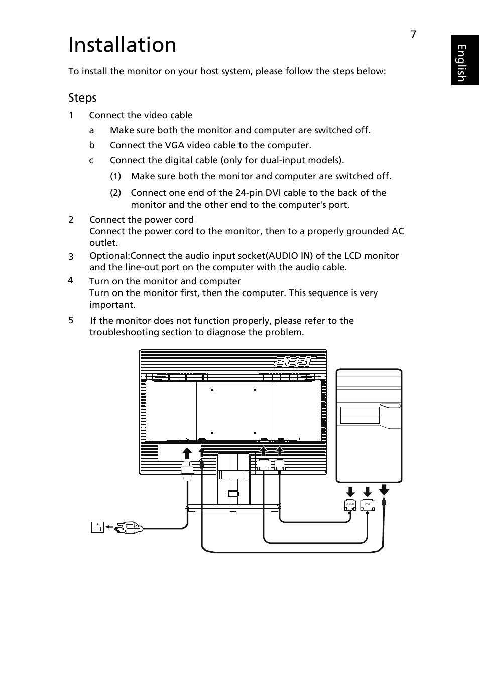 Installation, Eng lis h, Steps | Acer P199HQL User Manual | Page 19 / 27