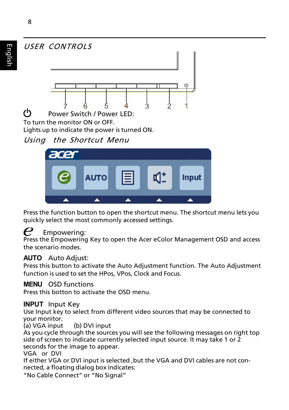 User controls, Using the shortcut menu | Acer P199HQL User Manual | Page 20 / 27