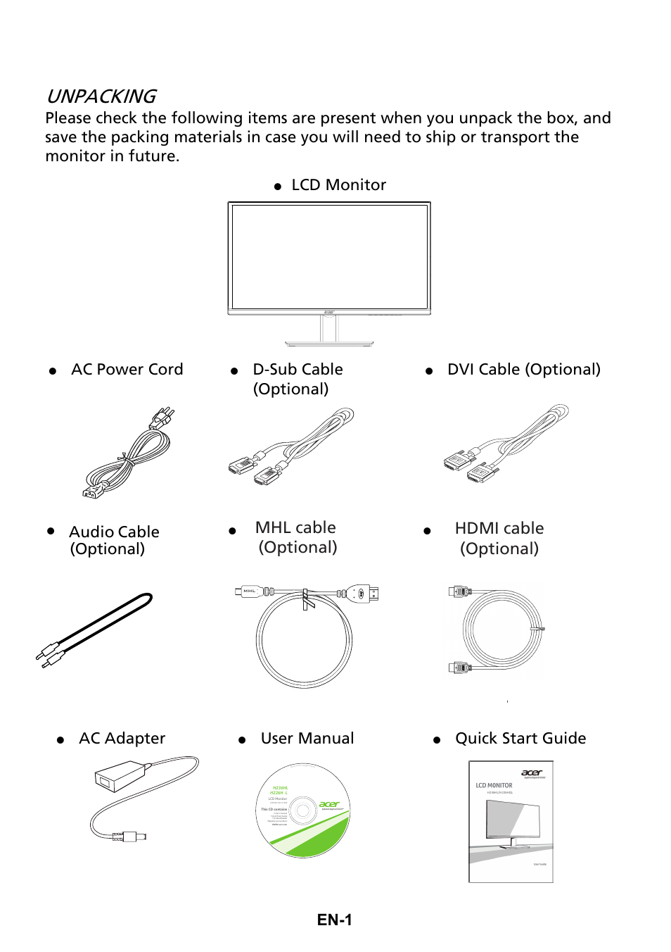 Unpacking, Mhl cable (optional) hdmi cable (optional), En-1 | Lcd monitor, Ac power cord, D-sub cable (optional), Dvi cable (optional), Ac adapter, User manual, Quick start guide audio cable (optional) | Acer H226HQL User Manual | Page 10 / 29