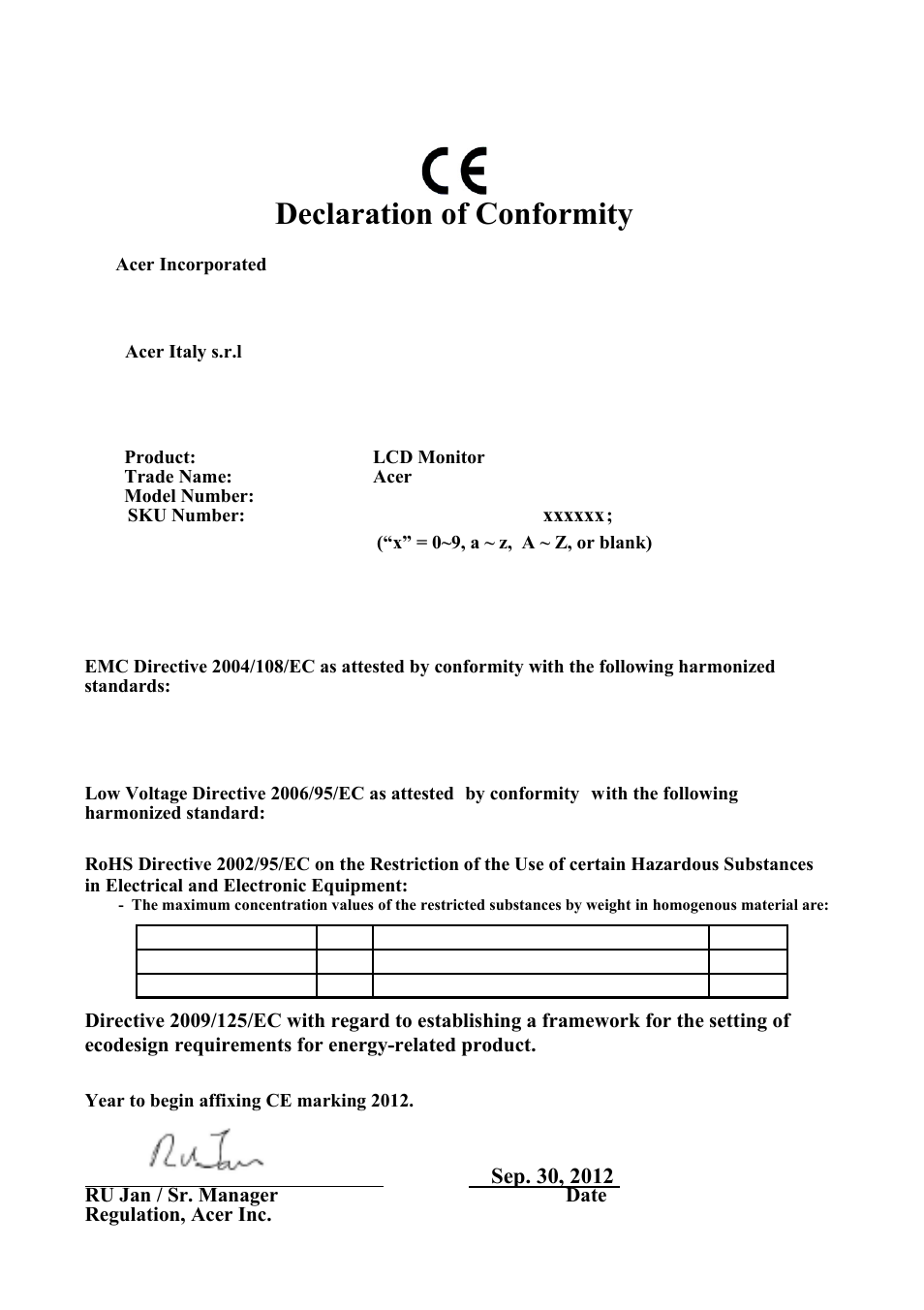 Declaration of conformity | Acer H226HQL User Manual | Page 27 / 29