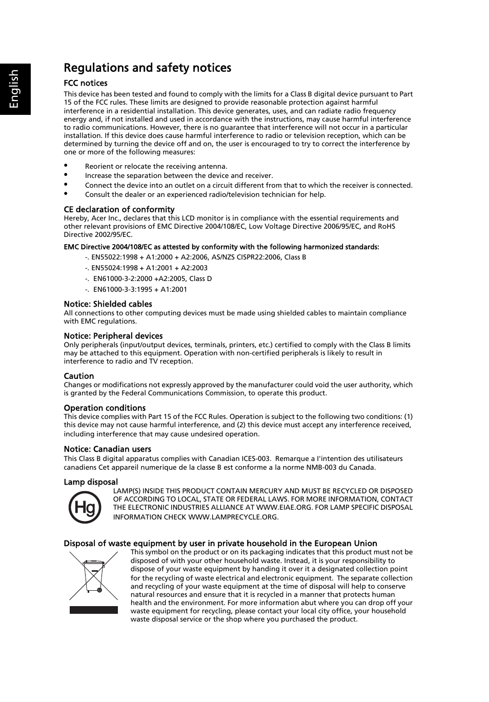 English regulations and safety notices | Acer H213H User Manual | Page 2 / 2