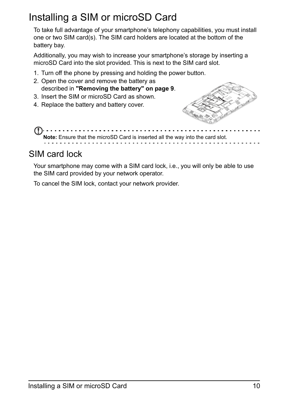 Installing a sim or microsd card, Sim card lock | Acer Z110 User Manual | Page 10 / 56
