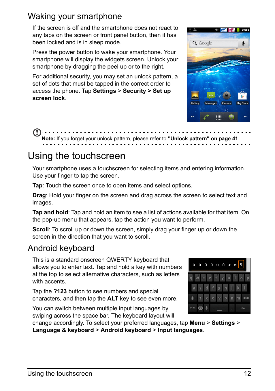 Using the touchscreen, Waking your smartphone, Android keyboard | Acer Z110 User Manual | Page 12 / 56