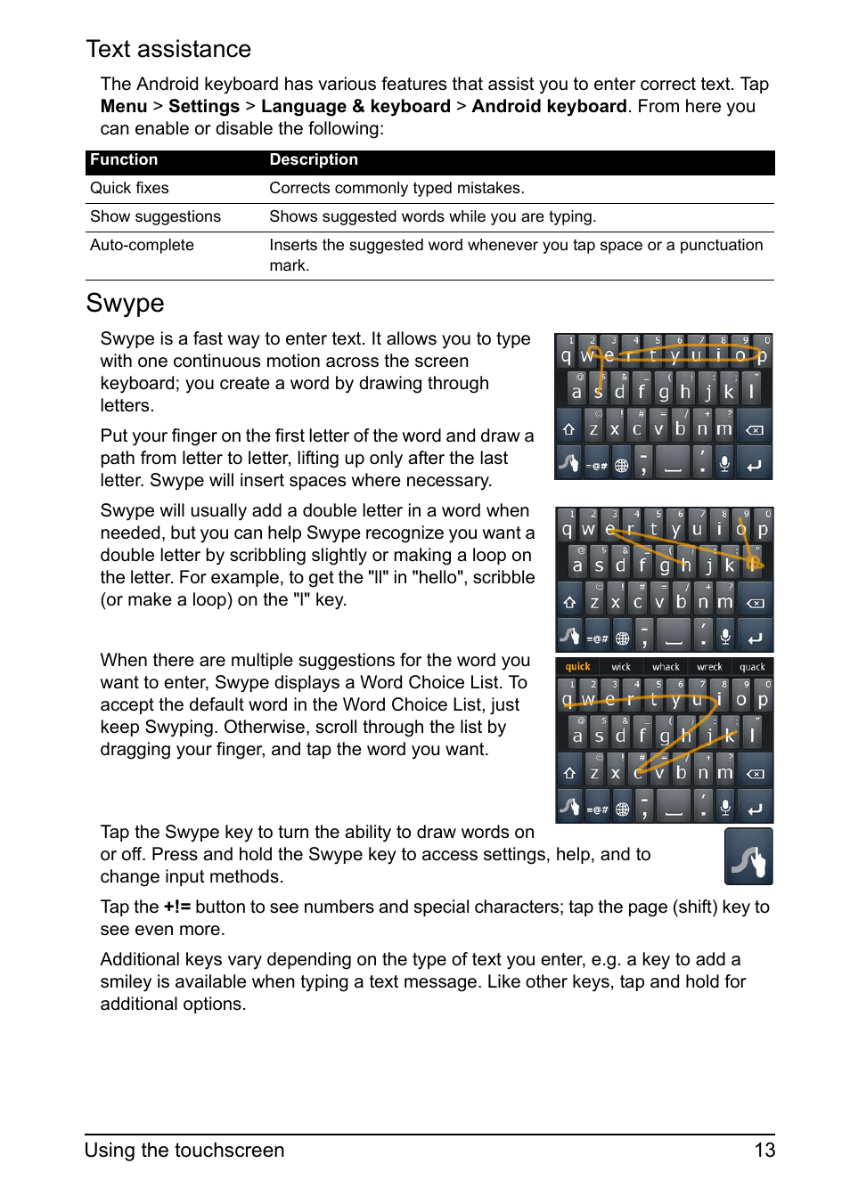 Swype, Text assistance | Acer Z110 User Manual | Page 13 / 56