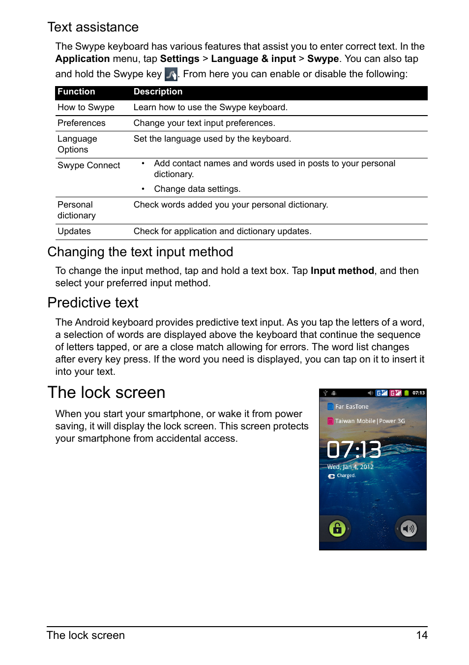 The lock screen, Predictive text, Text assistance | Changing the text input method | Acer Z110 User Manual | Page 14 / 56