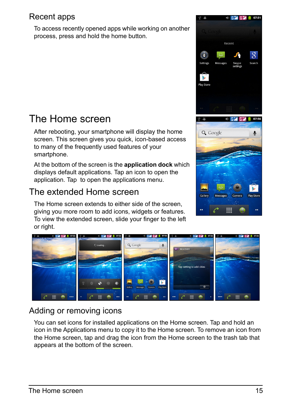 The home screen, The extended home screen | Acer Z110 User Manual | Page 15 / 56