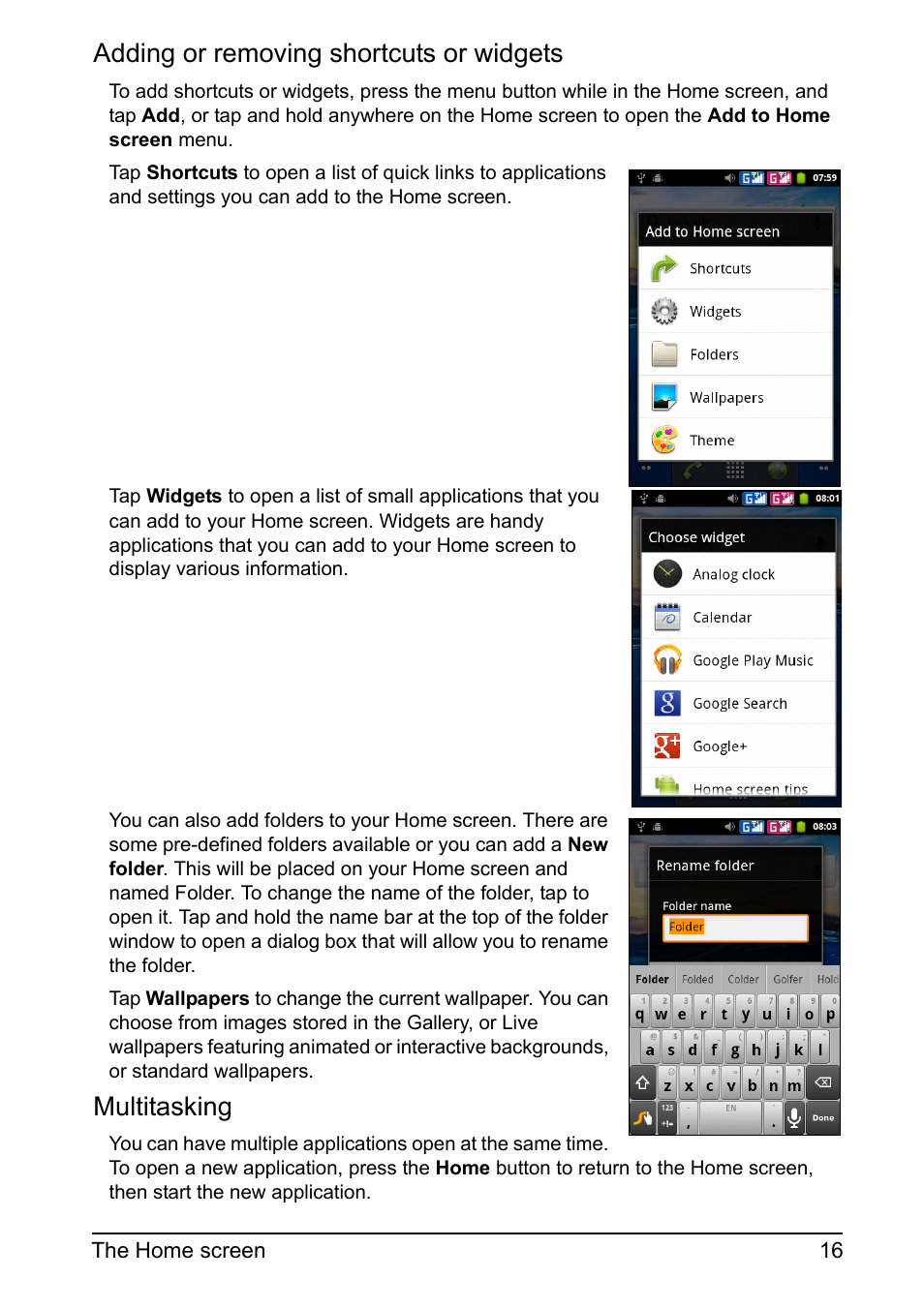 Adding or removing shortcuts or widgets, Multitasking | Acer Z110 User Manual | Page 16 / 56