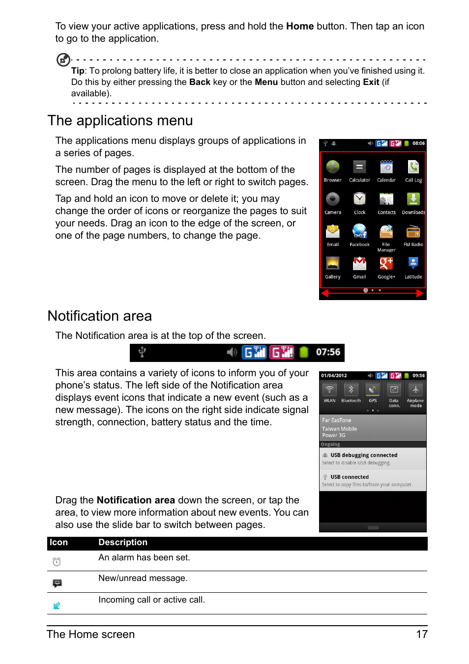 The applications menu, Notification area | Acer Z110 User Manual | Page 17 / 56