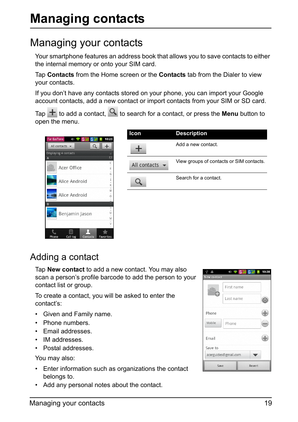 Managing your contacts, Managing contacts, Adding a contact | Acer Z110 User Manual | Page 19 / 56