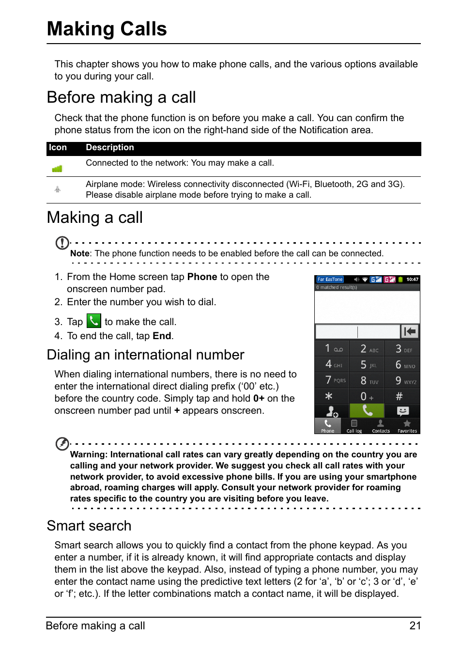 Before making a call, Making a call, Making calls | Before making a call making a call, Dialing an international number, Smart search | Acer Z110 User Manual | Page 21 / 56