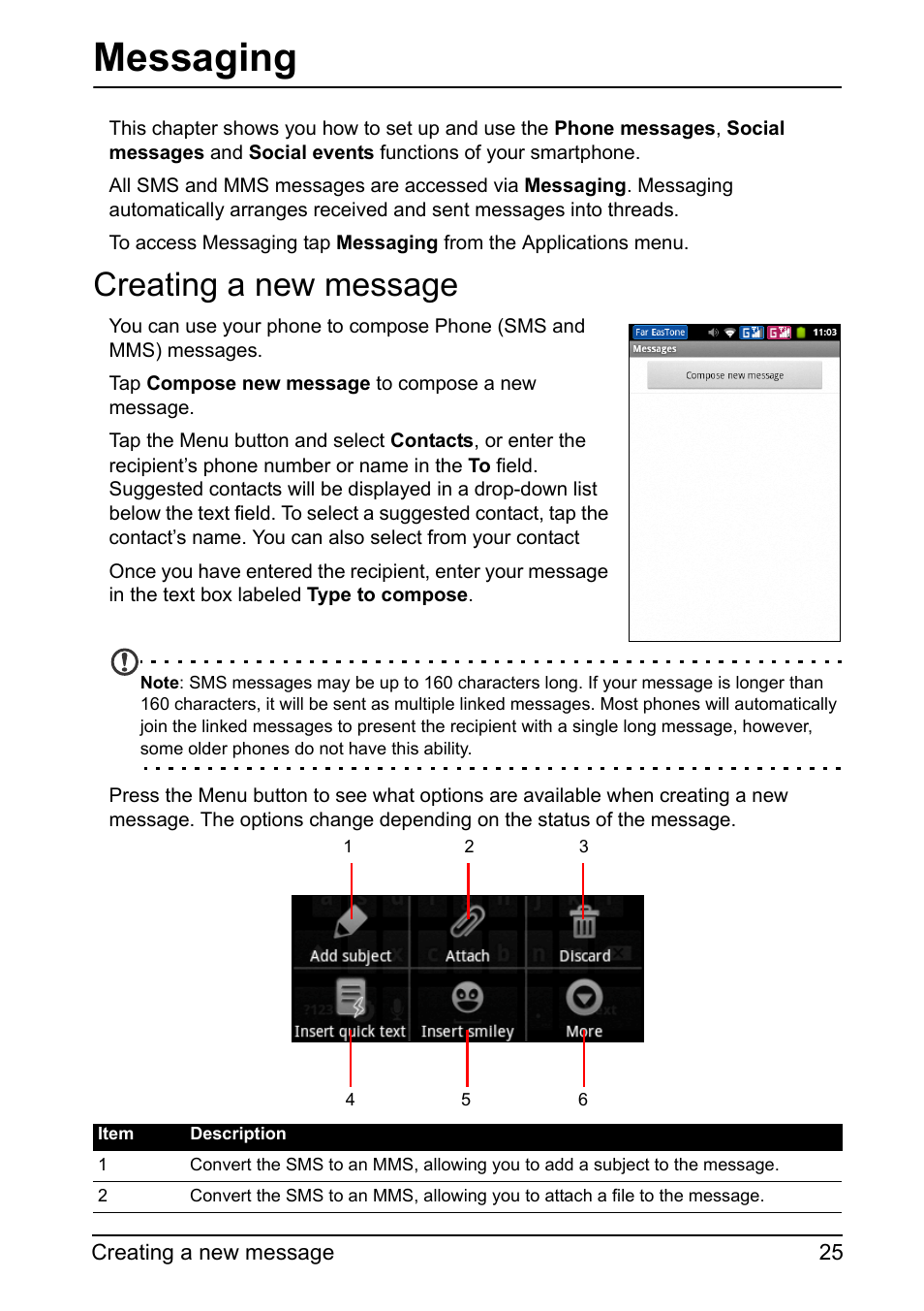 Creating a new message, Messaging | Acer Z110 User Manual | Page 25 / 56