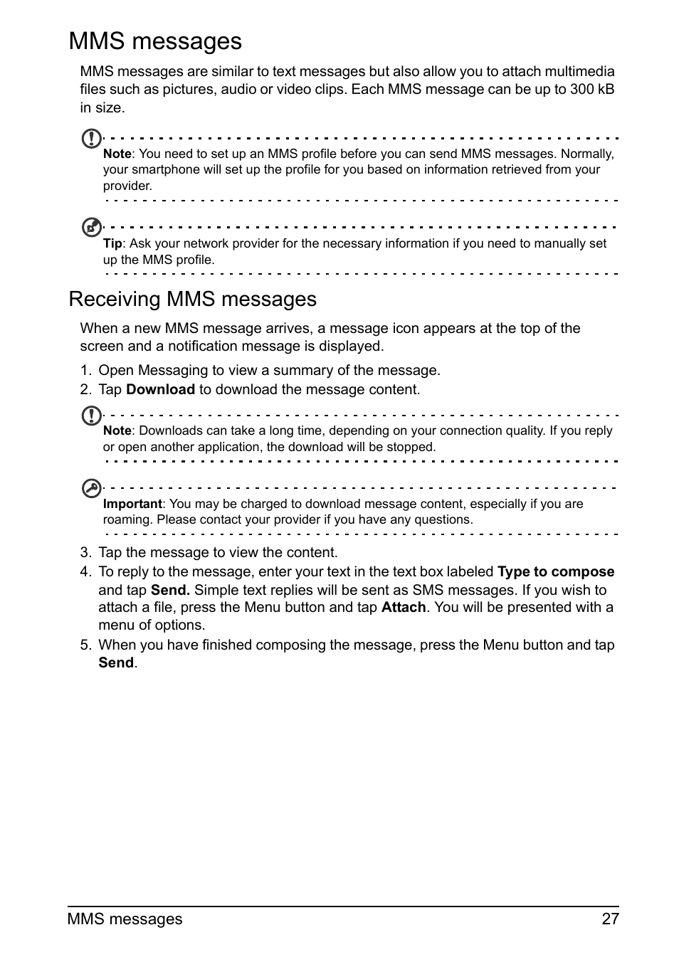 Mms messages, Receiving mms messages | Acer Z110 User Manual | Page 27 / 56