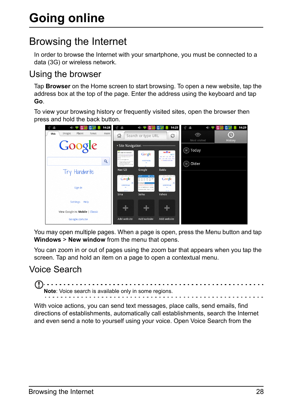 Browsing the internet, Going online, Using the browser | Voice search | Acer Z110 User Manual | Page 28 / 56