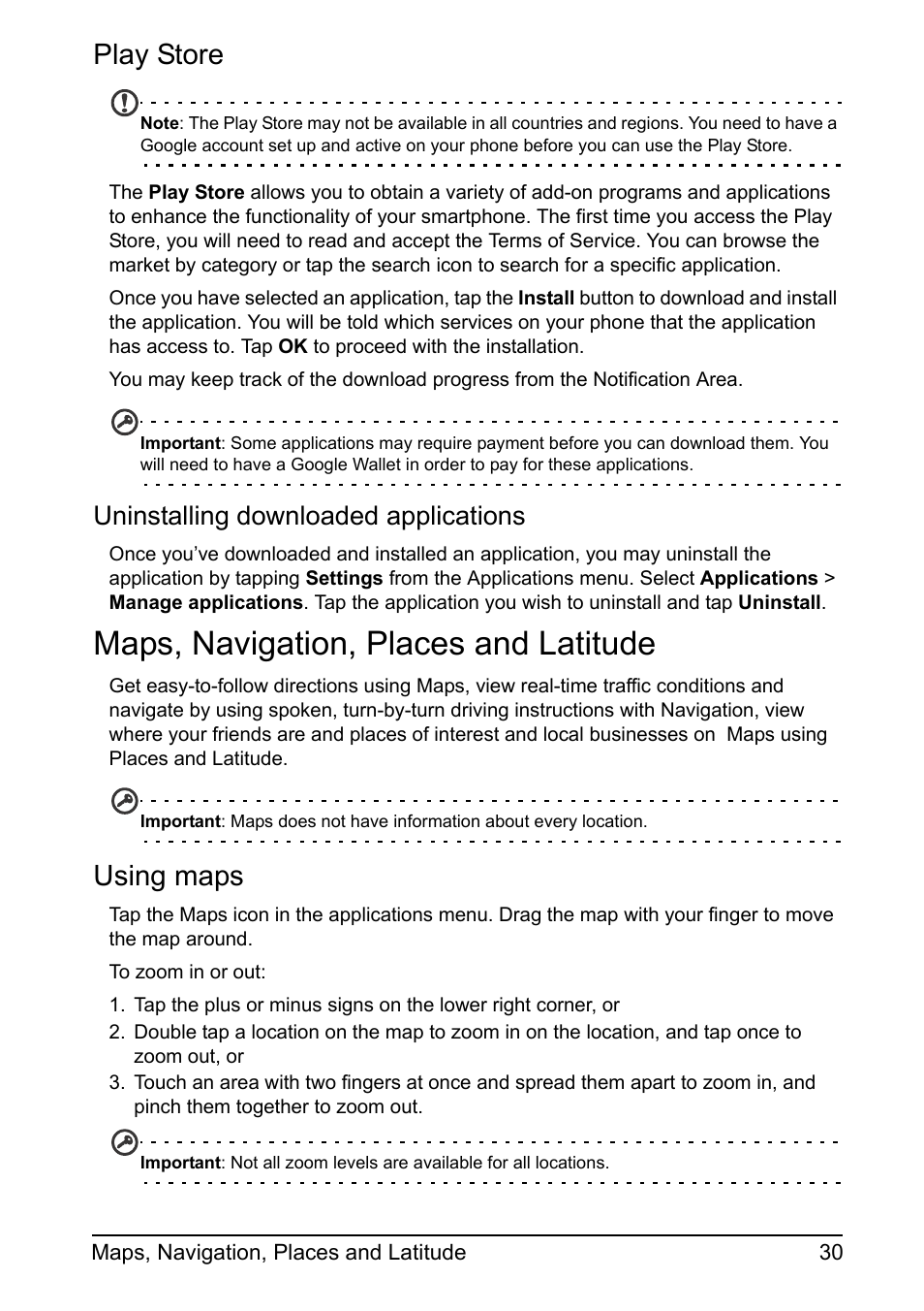 Maps, navigation, places and latitude, Play store, Using maps | Uninstalling downloaded applications | Acer Z110 User Manual | Page 30 / 56