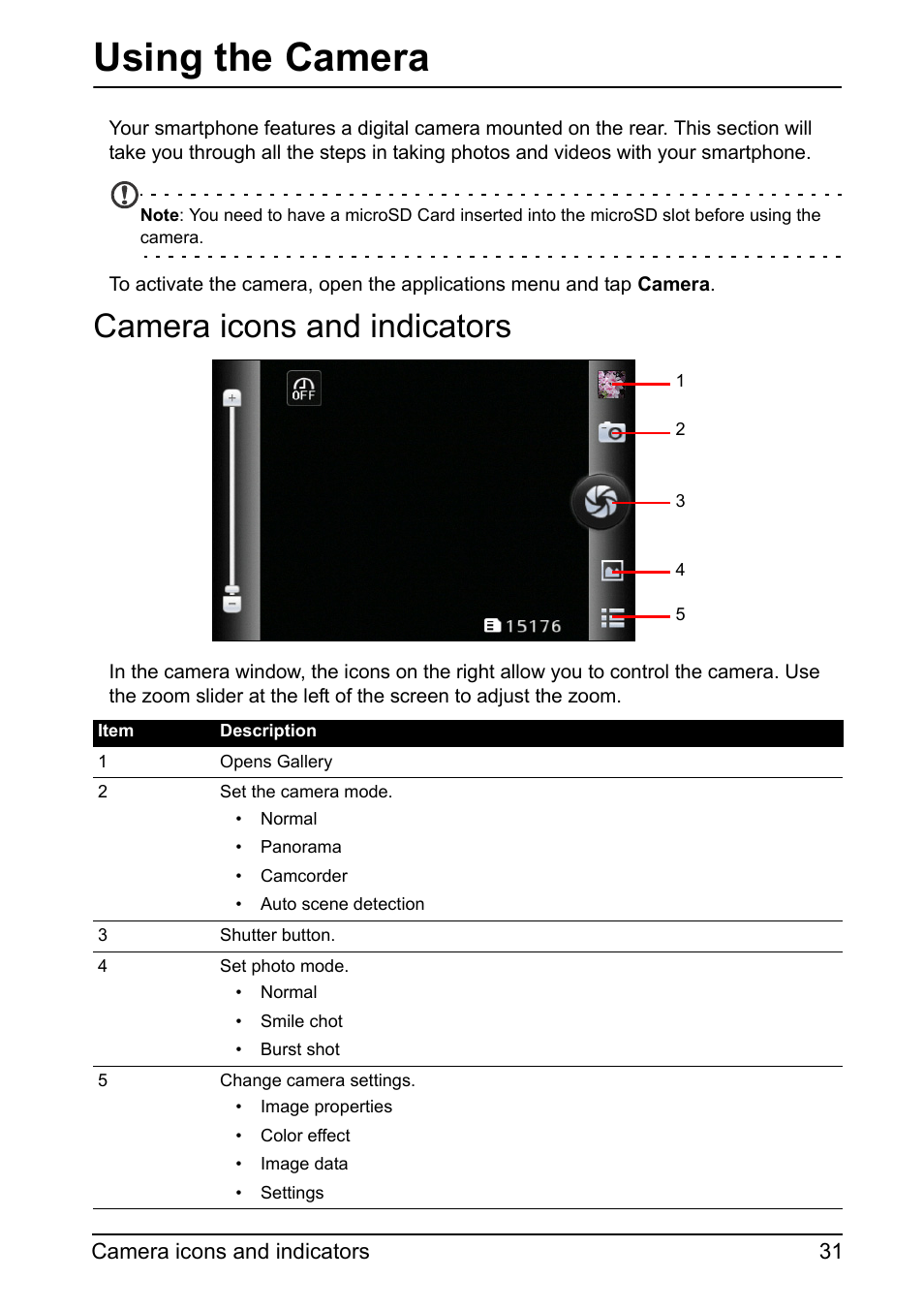 Camera icons and indicators, Using the camera | Acer Z110 User Manual | Page 31 / 56