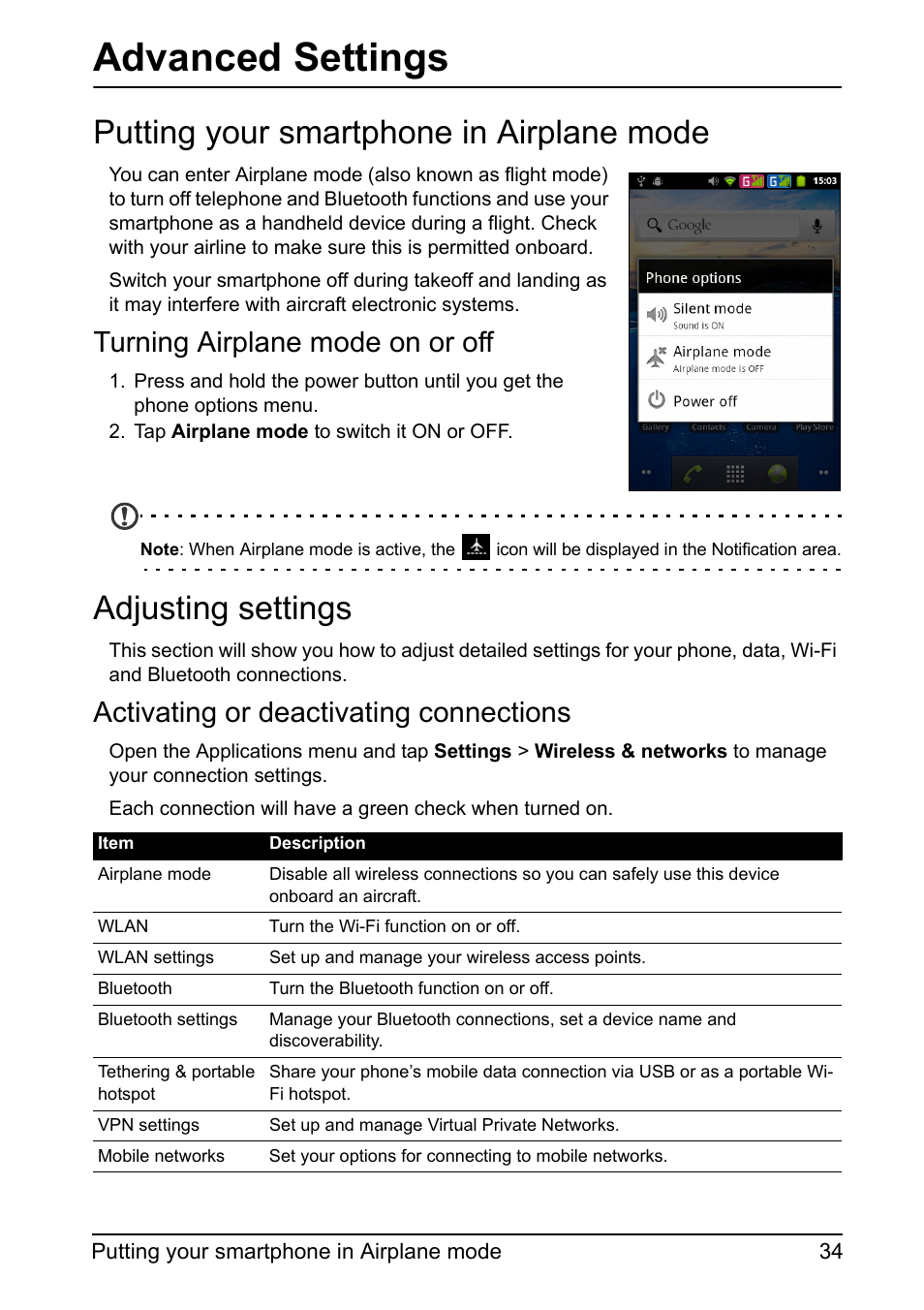 Putting your smartphone in airplane mode, Adjusting settings, Advanced settings | Turning airplane mode on or off, Activating or deactivating connections | Acer Z110 User Manual | Page 34 / 56