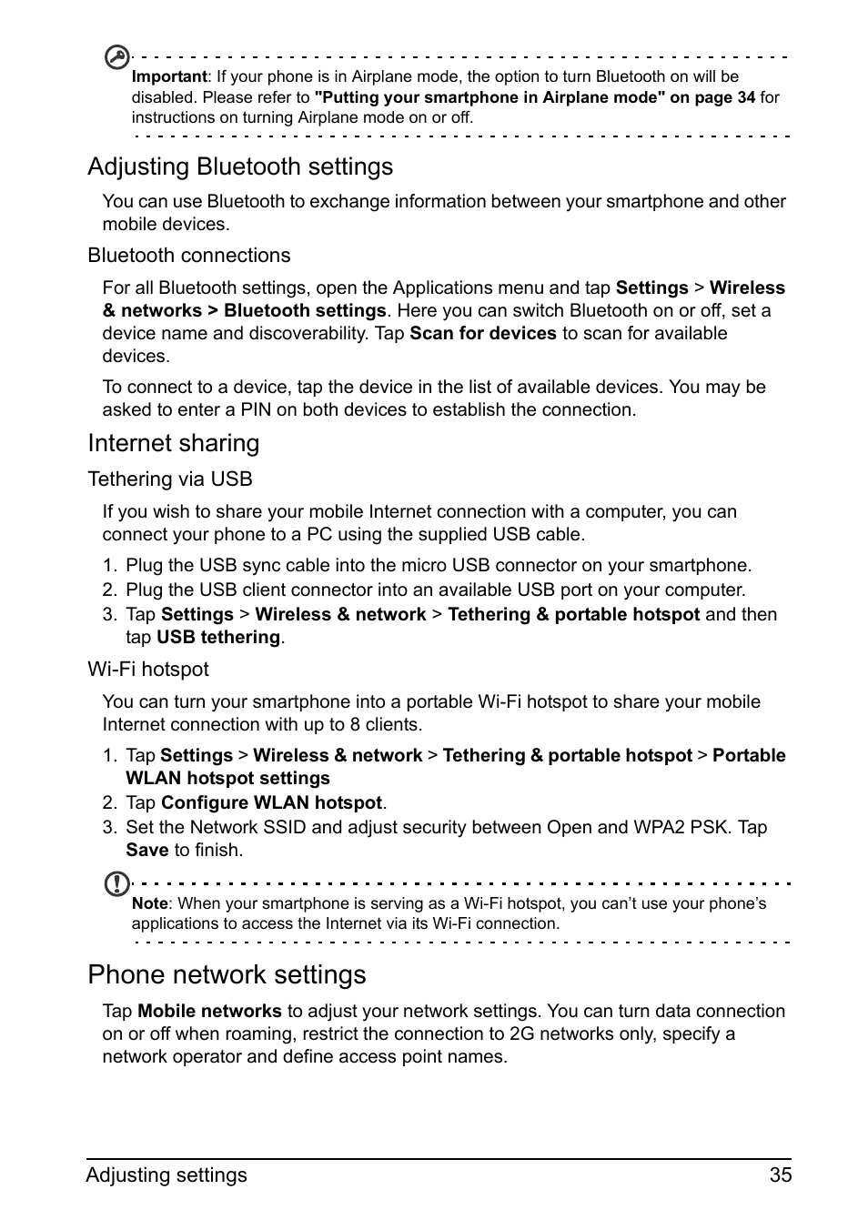 Phone network settings, Adjusting bluetooth settings, Internet sharing | Acer Z110 User Manual | Page 35 / 56