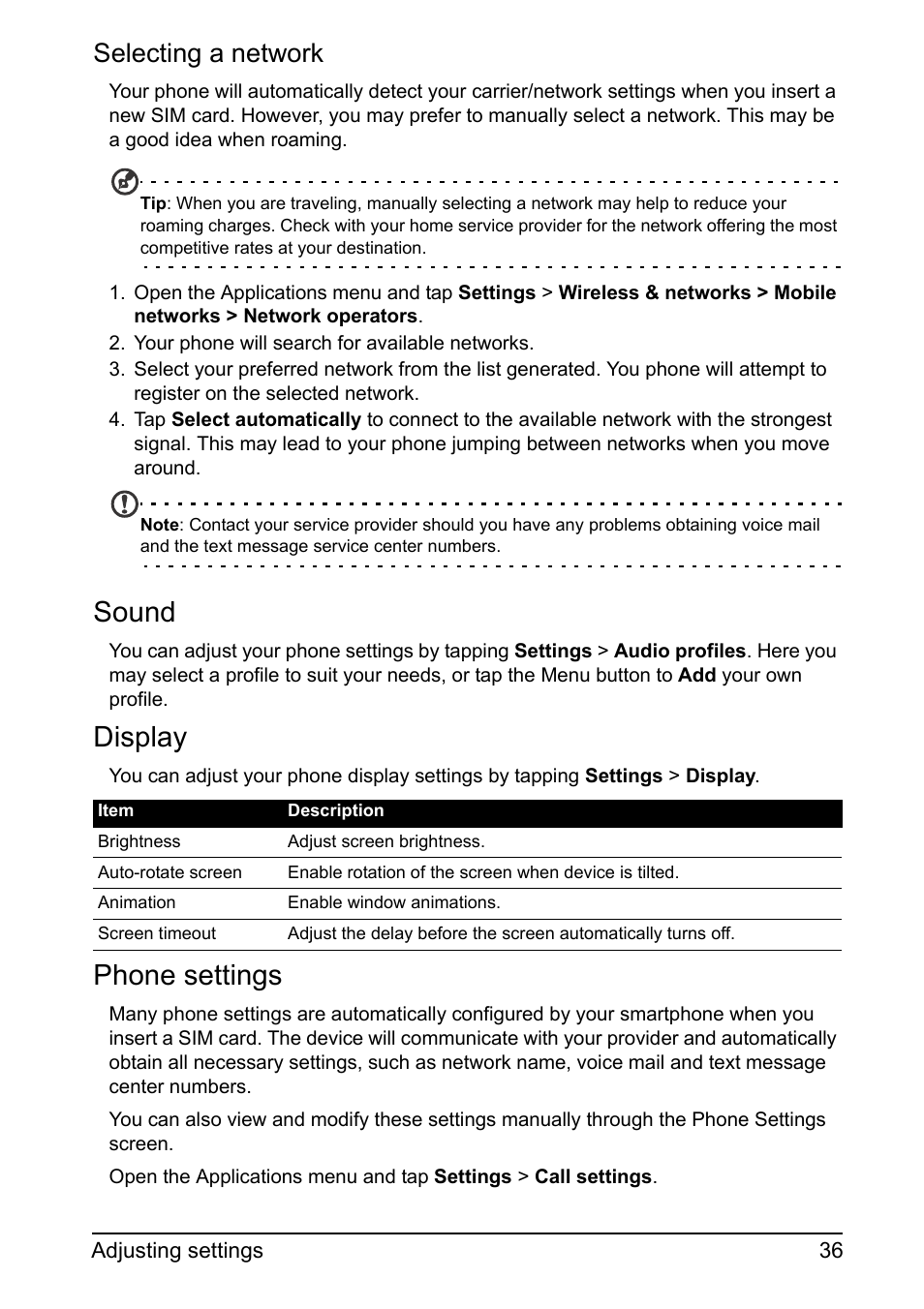 Sound, Display, Phone settings | Selecting a network | Acer Z110 User Manual | Page 36 / 56