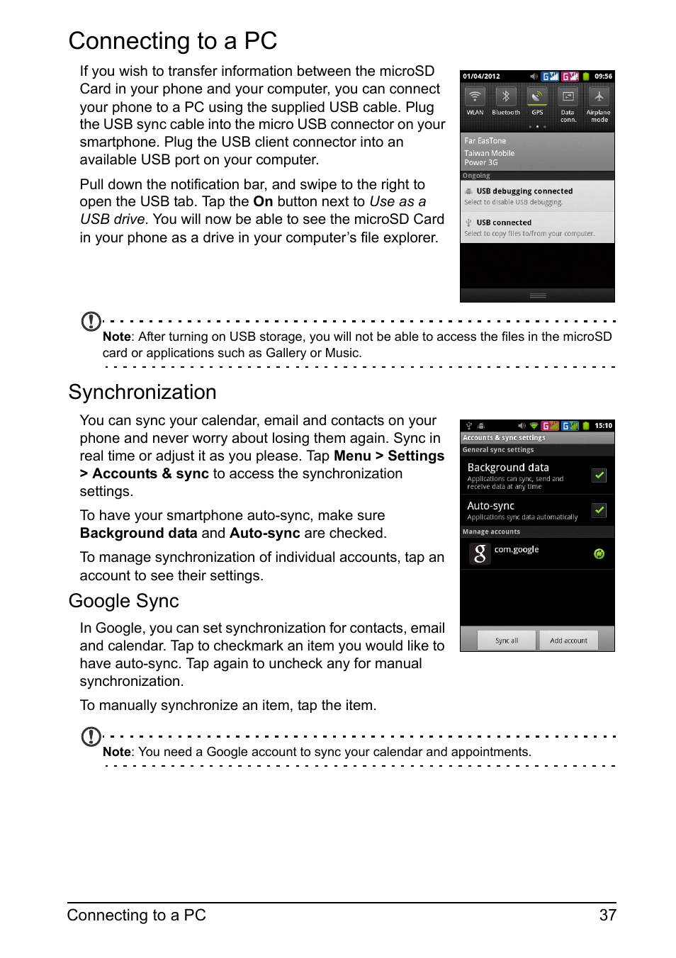 Connecting to a pc, Synchronization, Google sync | Acer Z110 User Manual | Page 37 / 56