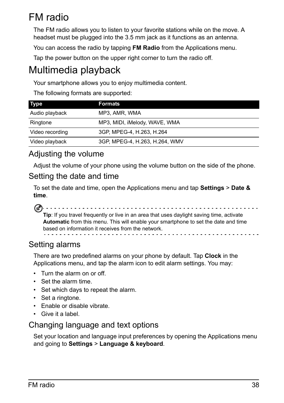 Fm radio, Multimedia playback, Fm radio multimedia playback | Adjusting the volume, Setting the date and time, Setting alarms, Changing language and text options | Acer Z110 User Manual | Page 38 / 56