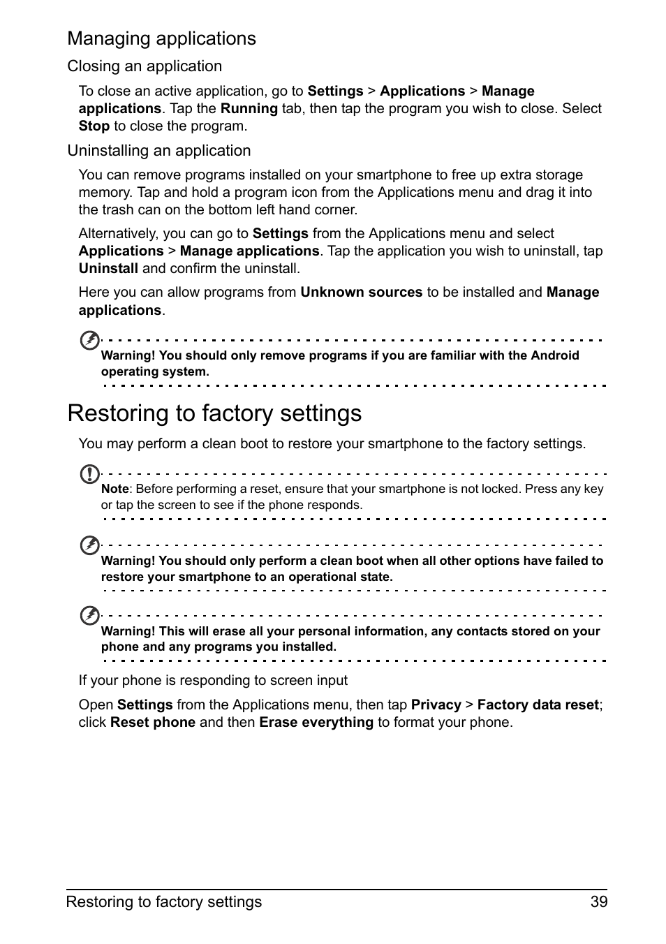 Restoring to factory settings, Managing applications | Acer Z110 User Manual | Page 39 / 56