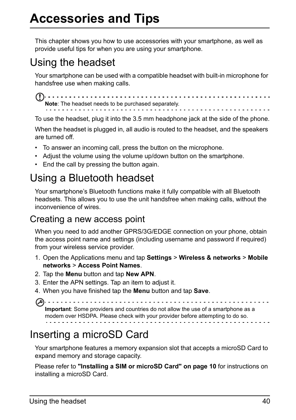 Using the headset, Using a bluetooth headset, Inserting a microsd card | Accessories and tips, Creating a new access point | Acer Z110 User Manual | Page 40 / 56