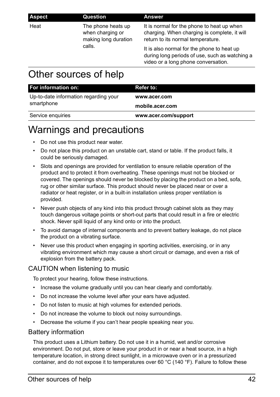 Other sources of help, Warnings and precautions, Other sources of help warnings and precautions | Acer Z110 User Manual | Page 42 / 56