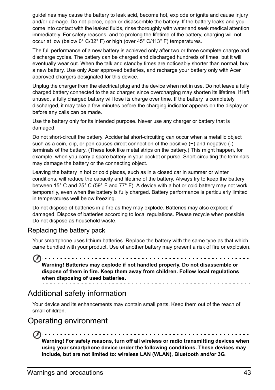 Additional safety information, Operating environment | Acer Z110 User Manual | Page 43 / 56