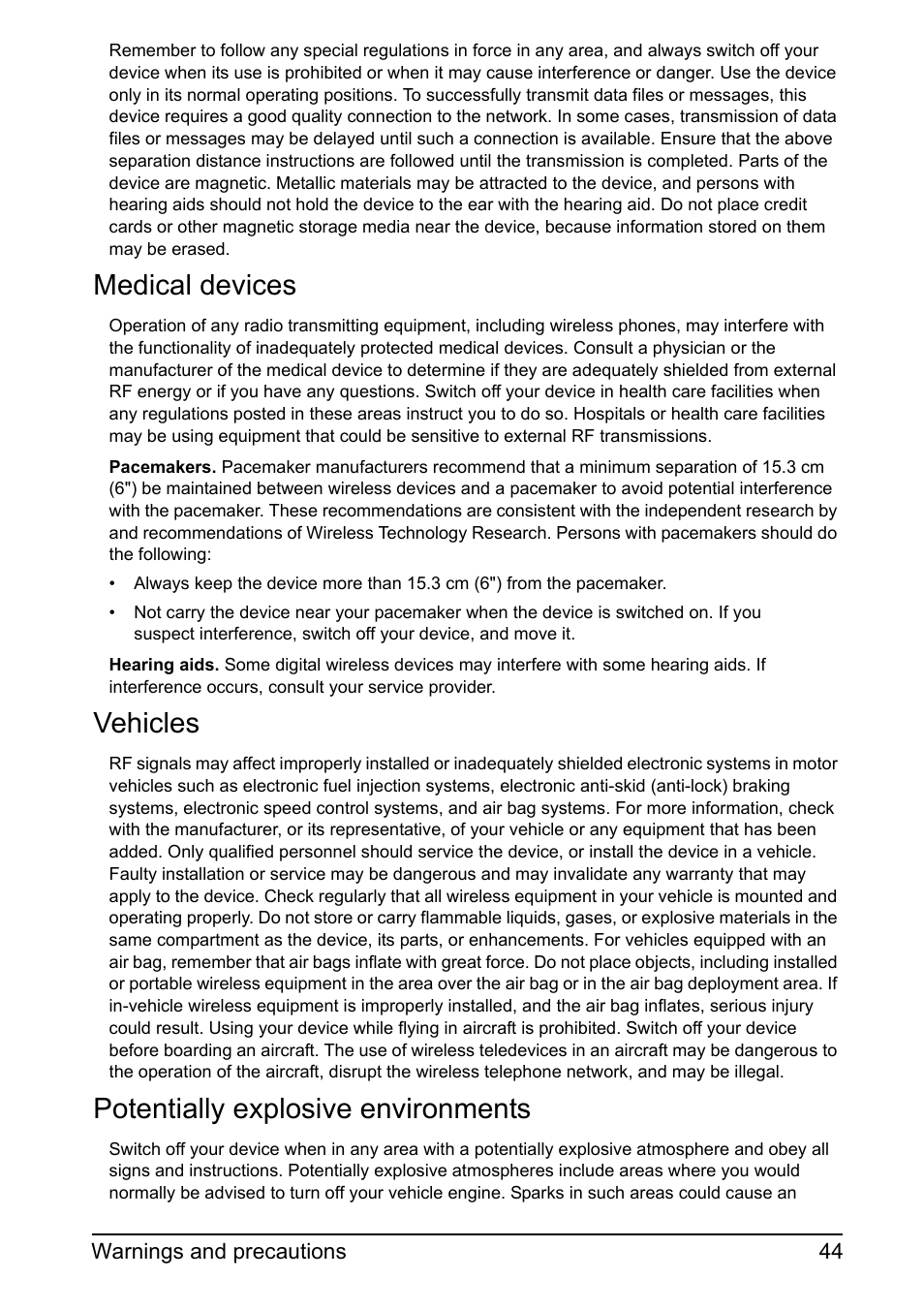 Medical devices, Vehicles, Potentially explosive environments | Acer Z110 User Manual | Page 44 / 56