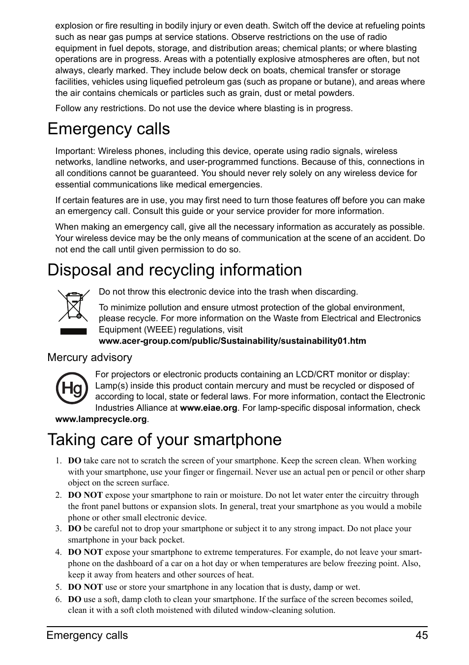 Emergency calls, Disposal and recycling information, Taking care of your smartphone | Acer Z110 User Manual | Page 45 / 56