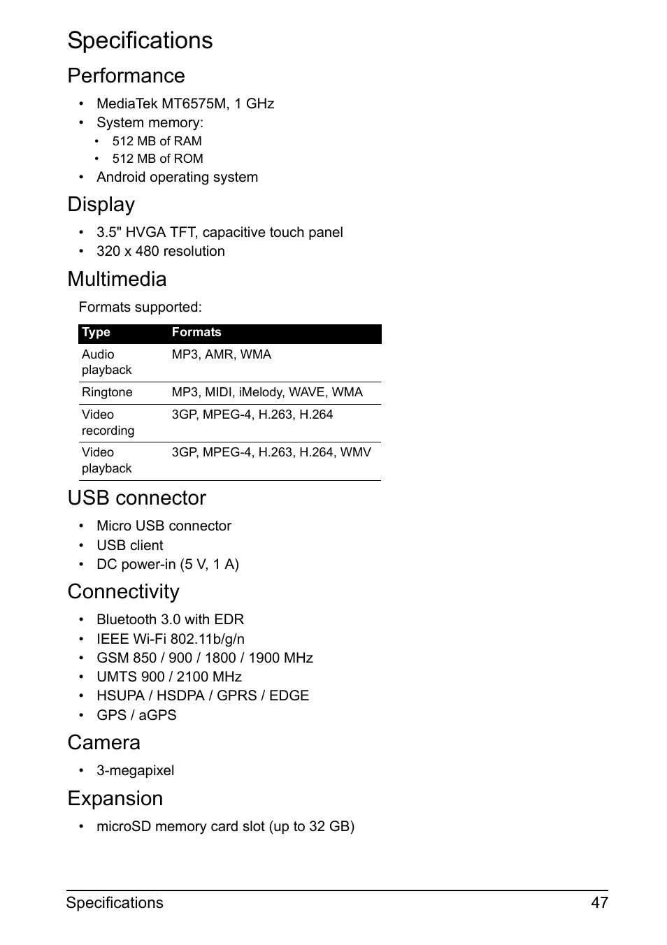 Specifications, Performance, Display | Multimedia, Usb connector, Connectivity, Camera, Expansion | Acer Z110 User Manual | Page 47 / 56