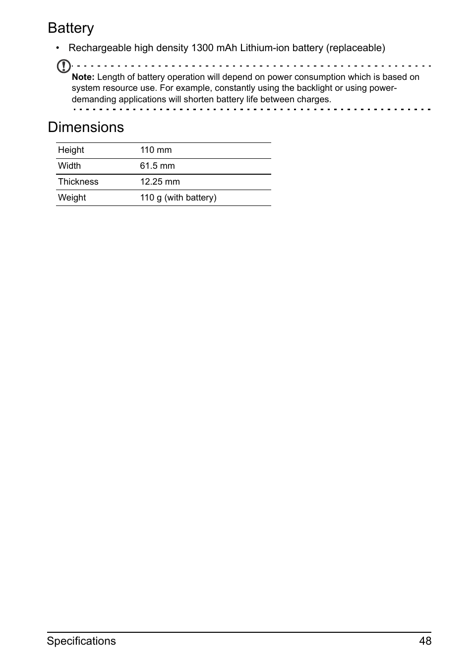 Battery, Dimensions | Acer Z110 User Manual | Page 48 / 56