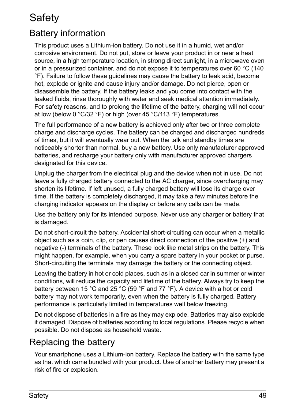 Safety, Battery information, Replacing the battery | Acer Z110 User Manual | Page 49 / 56