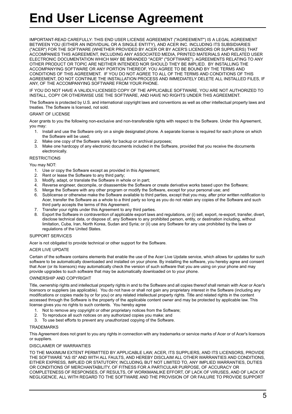 End user license agreement | Acer Z110 User Manual | Page 5 / 56