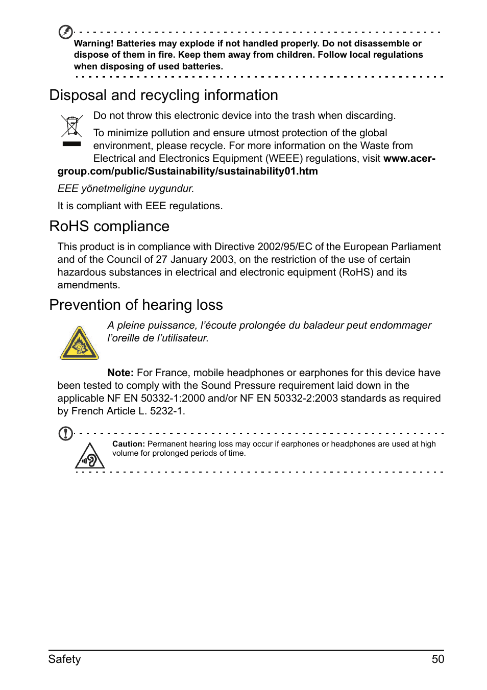 Disposal and recycling information, Rohs compliance, Prevention of hearing loss | Acer Z110 User Manual | Page 50 / 56