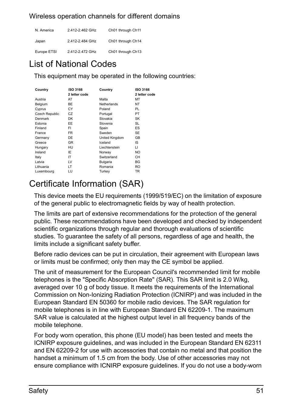 List of national codes, Certificate information (sar) | Acer Z110 User Manual | Page 51 / 56