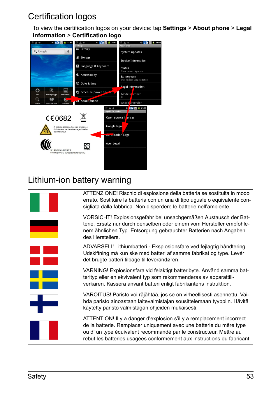 Certification logos, Lithium-ion battery warning | Acer Z110 User Manual | Page 53 / 56