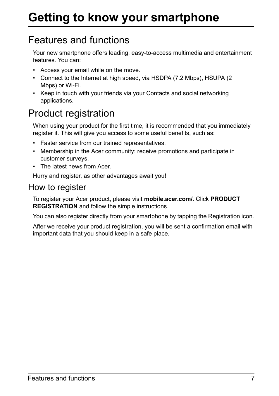 Features and functions, Product registration, Getting to know your smartphone | Features and functions product registration, How to register | Acer Z110 User Manual | Page 7 / 56