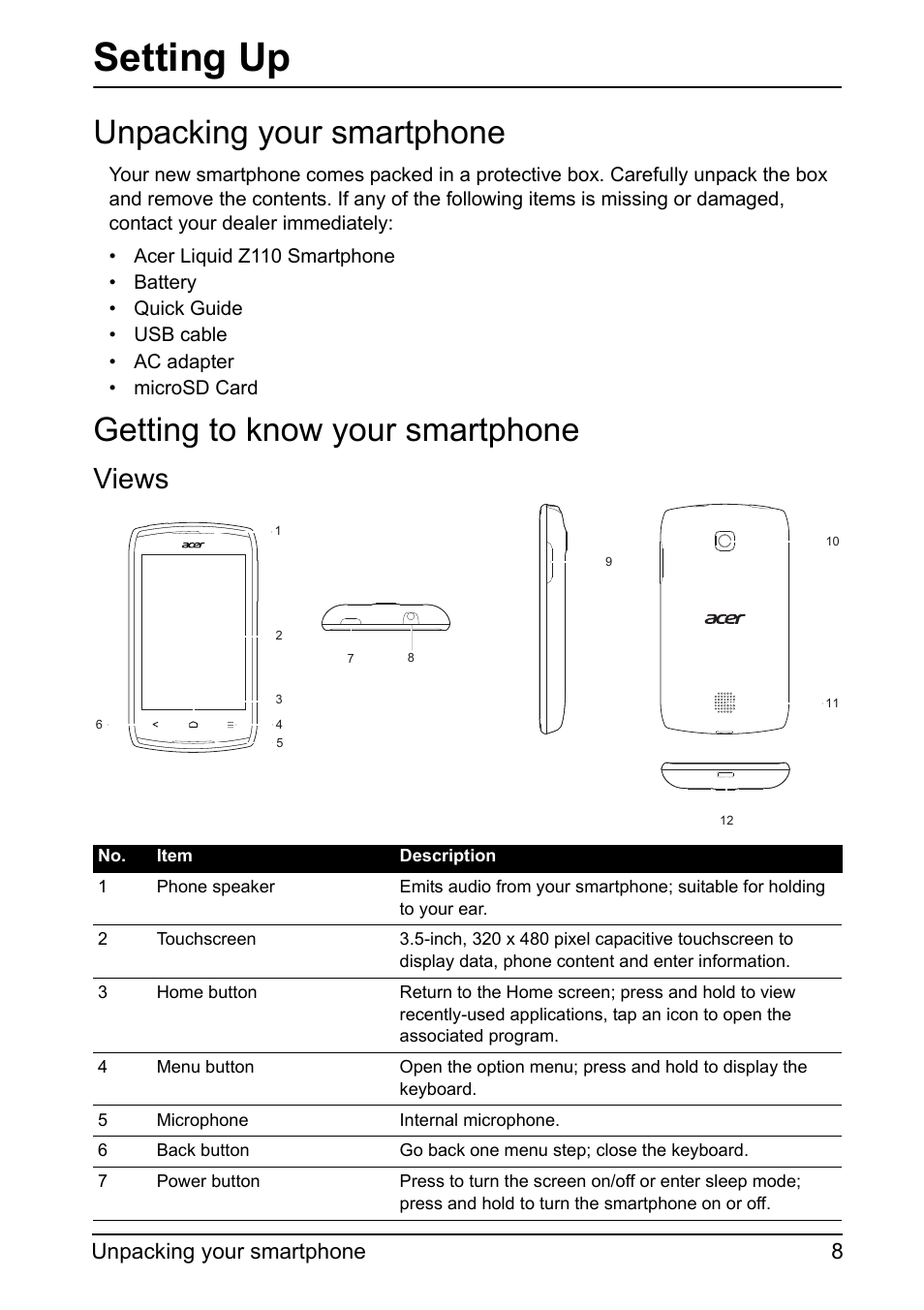 Unpacking your smartphone, Getting to know your smartphone, Setting up | Views, 8unpacking your smartphone | Acer Z110 User Manual | Page 8 / 56