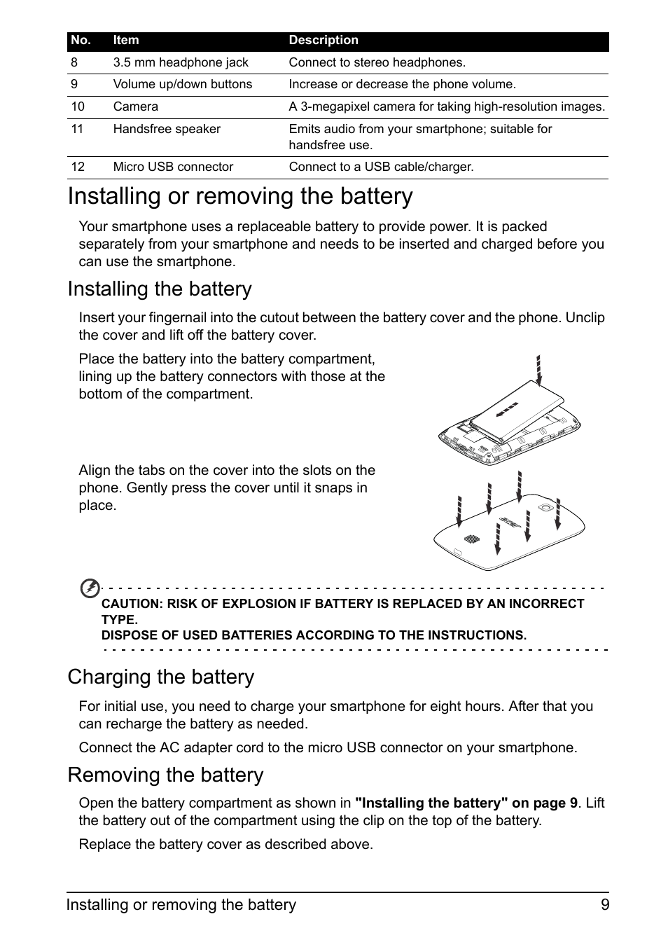 Installing or removing the battery, Installing the battery, Charging the battery | Removing the battery | Acer Z110 User Manual | Page 9 / 56