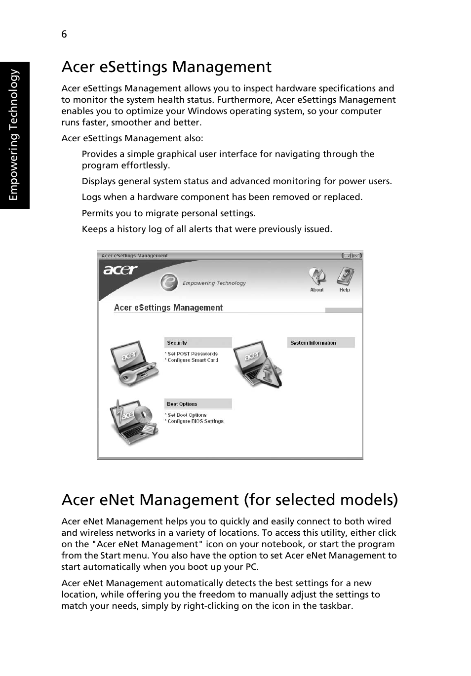 Acer esettings management, Acer enet management (for selected models), Acer enet management (for selected models) 6 | Acer Aspire 7100 User Manual | Page 16 / 87