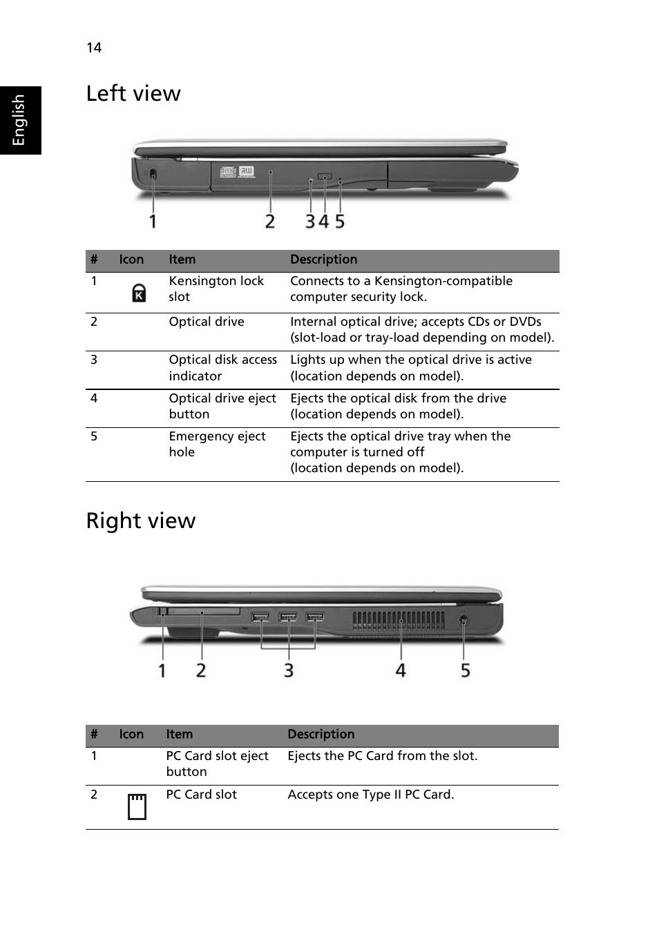 Left view, Right view, Left view right view | Acer Aspire 7100 User Manual | Page 24 / 87