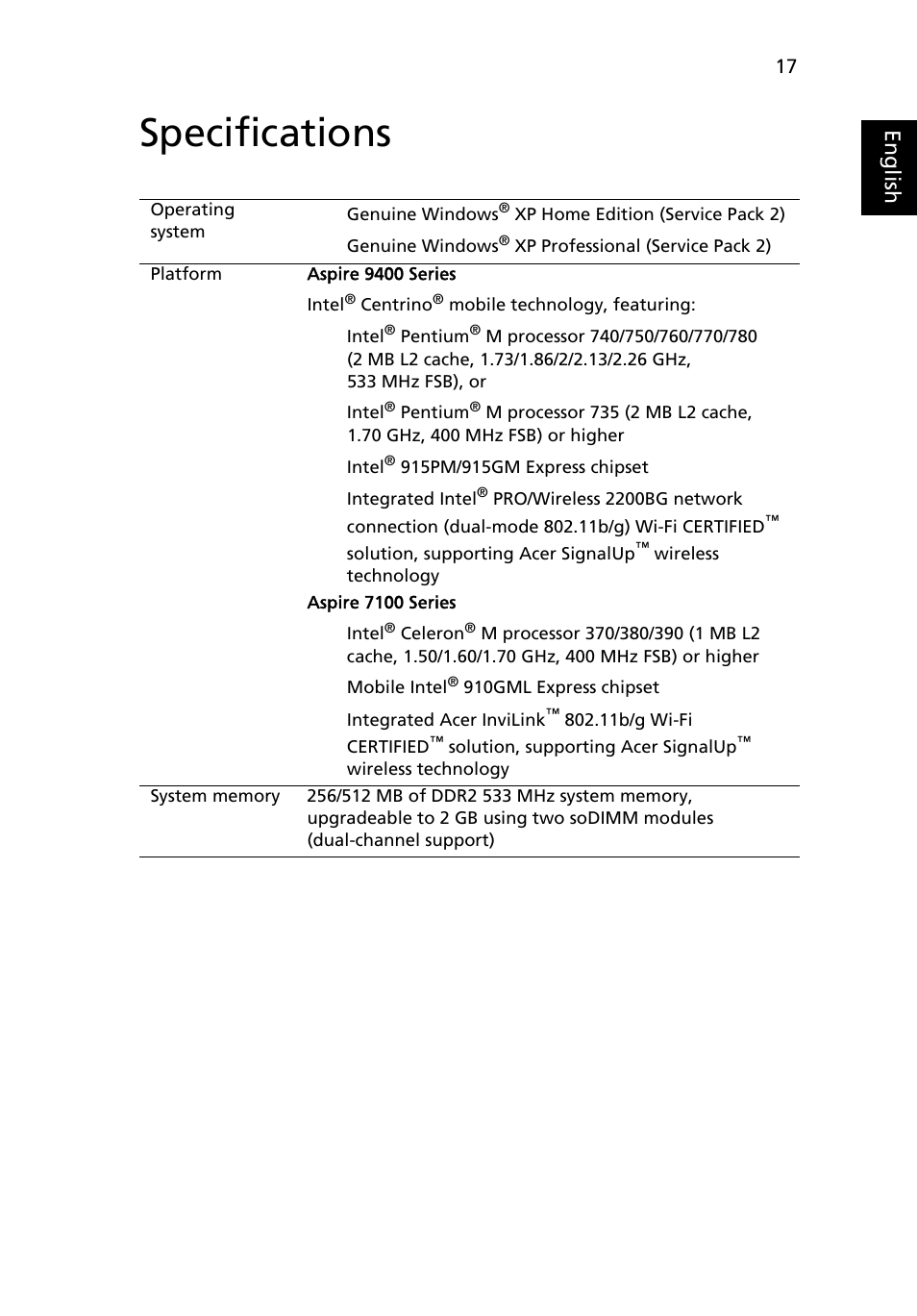 Specifications, Eng lis h | Acer Aspire 7100 User Manual | Page 27 / 87