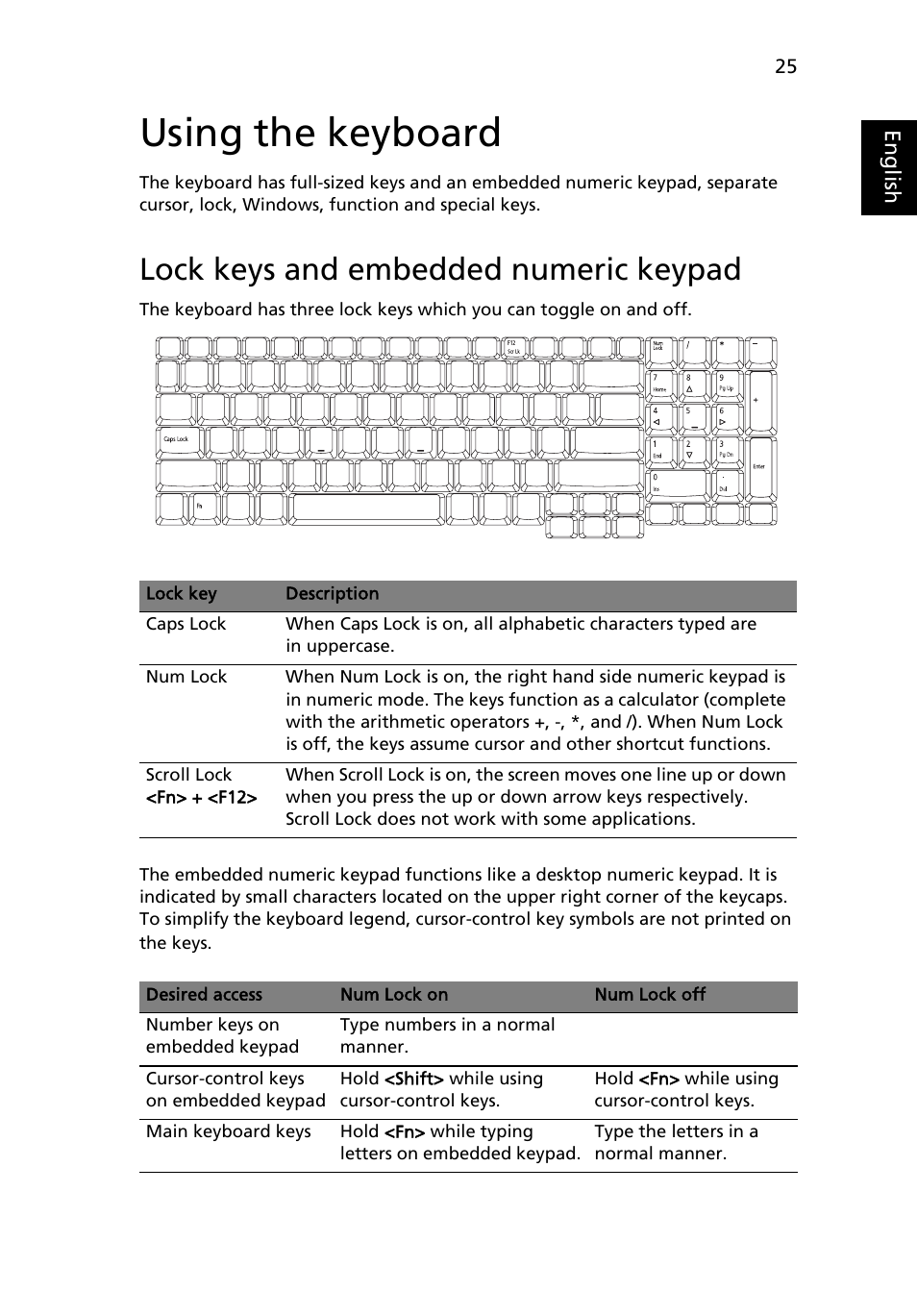 Using the keyboard, Lock keys and embedded numeric keypad | Acer Aspire 7100 User Manual | Page 35 / 87