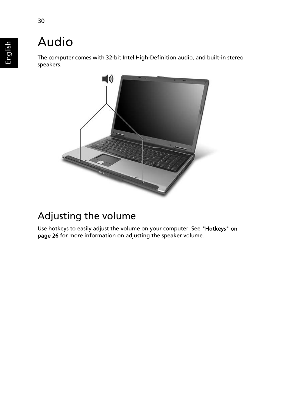 Audio, Adjusting the volume | Acer Aspire 7100 User Manual | Page 40 / 87