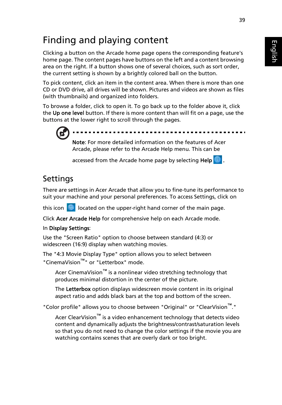 Finding and playing content, Settings | Acer Aspire 7100 User Manual | Page 49 / 87