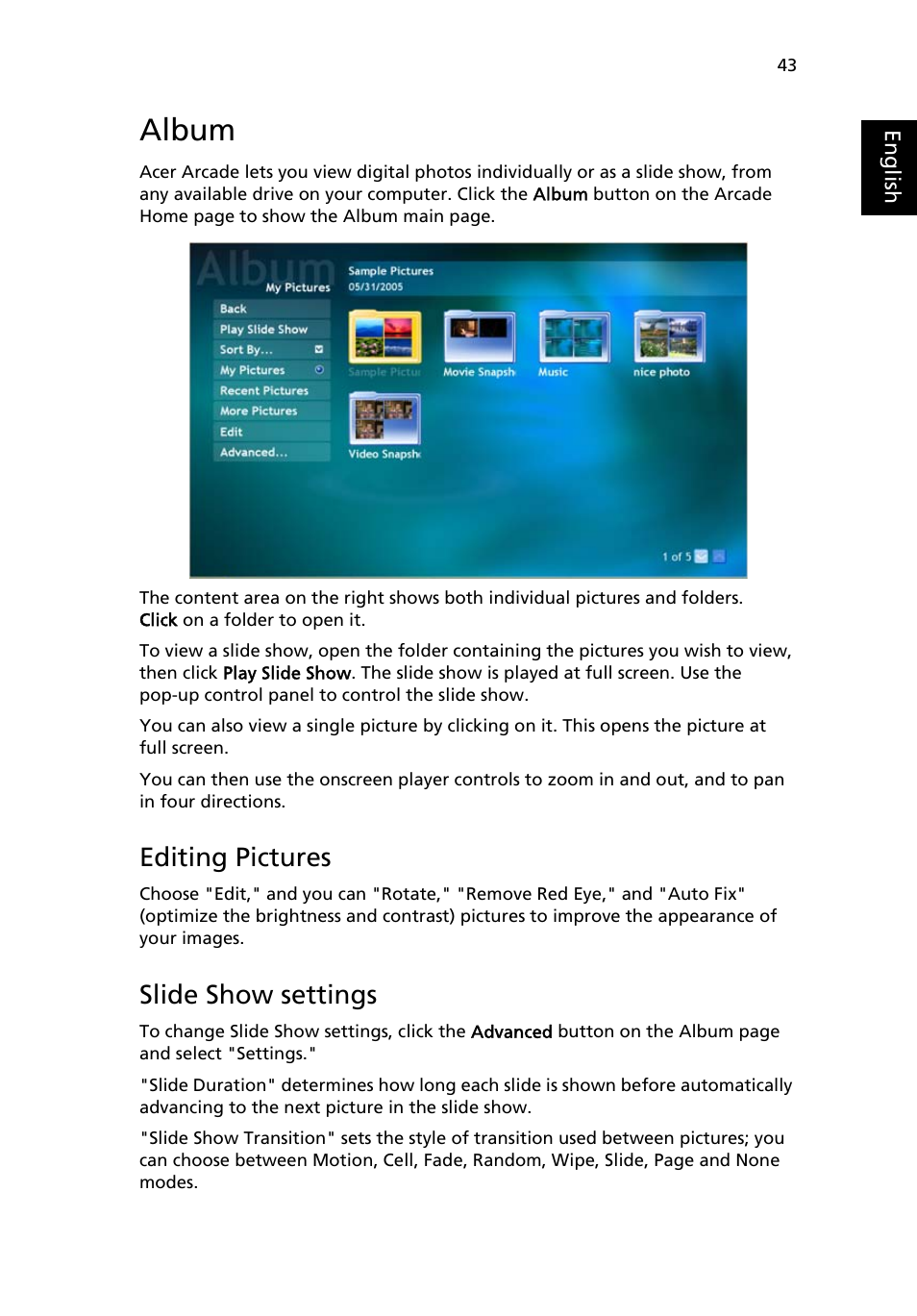 Album, Editing pictures, Slide show settings | Acer Aspire 7100 User Manual | Page 53 / 87